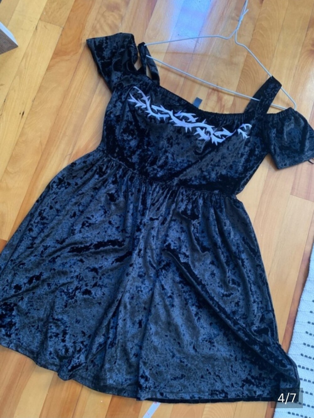 DISTURBIA "Thornhille" Crushed Velvet Mini Dress w/ Embroidered Crown of Thorns - Picture 9 of 9